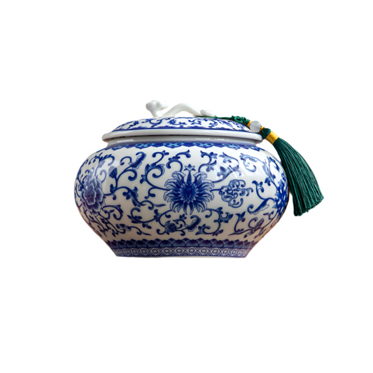 Hand-Drawn Floral Enamel Ceramic Storage Jar with Lid – Round Decorative Kitchen Canister – Vintage-Inspired Handmade Pot