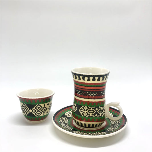 Arabic Coffee & Tea Cup Set – Traditional Sadu Pattern Ceramic Cups with Saucer | Middle Eastern Drinkware for Home & Gift Use