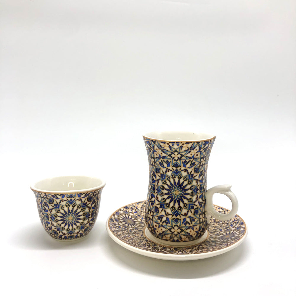 Arabic Coffee & Tea Cup Set – Traditional Sadu Pattern Ceramic Cups with Saucer | Middle Eastern Drinkware for Home & Gift Use