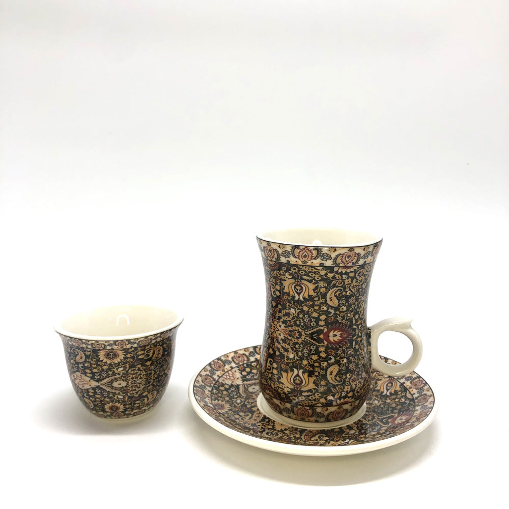 Arabic Coffee & Tea Cup Set – Traditional Sadu Pattern Ceramic Cups with Saucer | Middle Eastern Drinkware for Home & Gift Use
