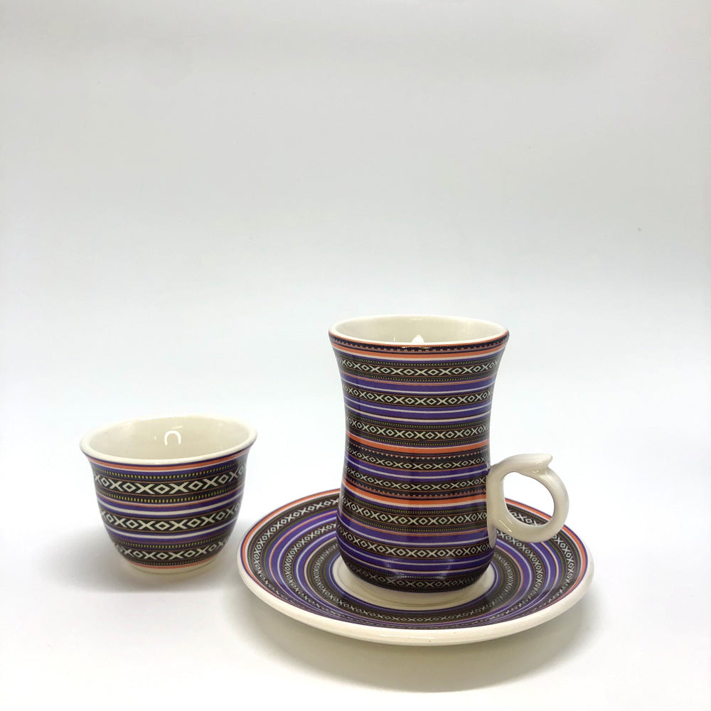 Arabic Coffee & Tea Cup Set – Traditional Sadu Pattern Ceramic Cups with Saucer | Middle Eastern Drinkware for Home & Gift Use
